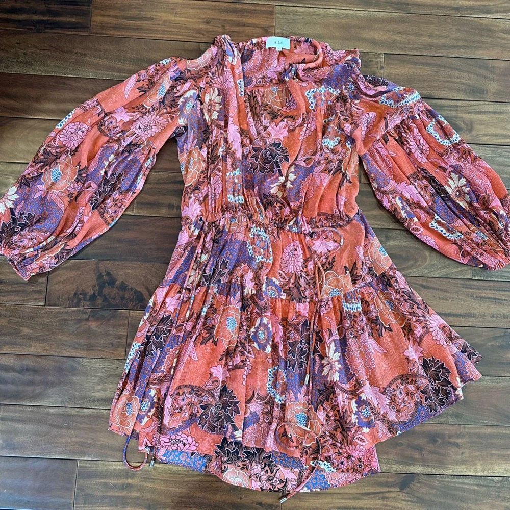 A.L.C. Elise 100% Silk Long Sleeve Mini Dress Pink Red Floral size 0 retail $550 - Picture 5 of 6